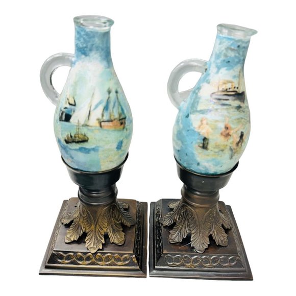 Upcycled Mid-Century Glass and Brass Candle Holders, Hand Painted & Decoupaged - Picture 3 of 16